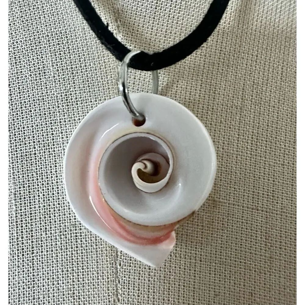 Natural Spiral Seashell Pendant Necklace on Black Cord